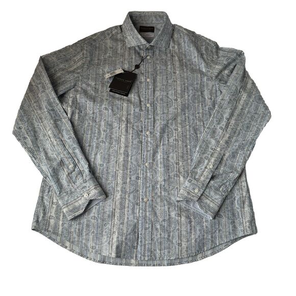 Thomas Dean Performance Button Down Shirt Blue Paisley Medium NWT - Picture 1 of 16